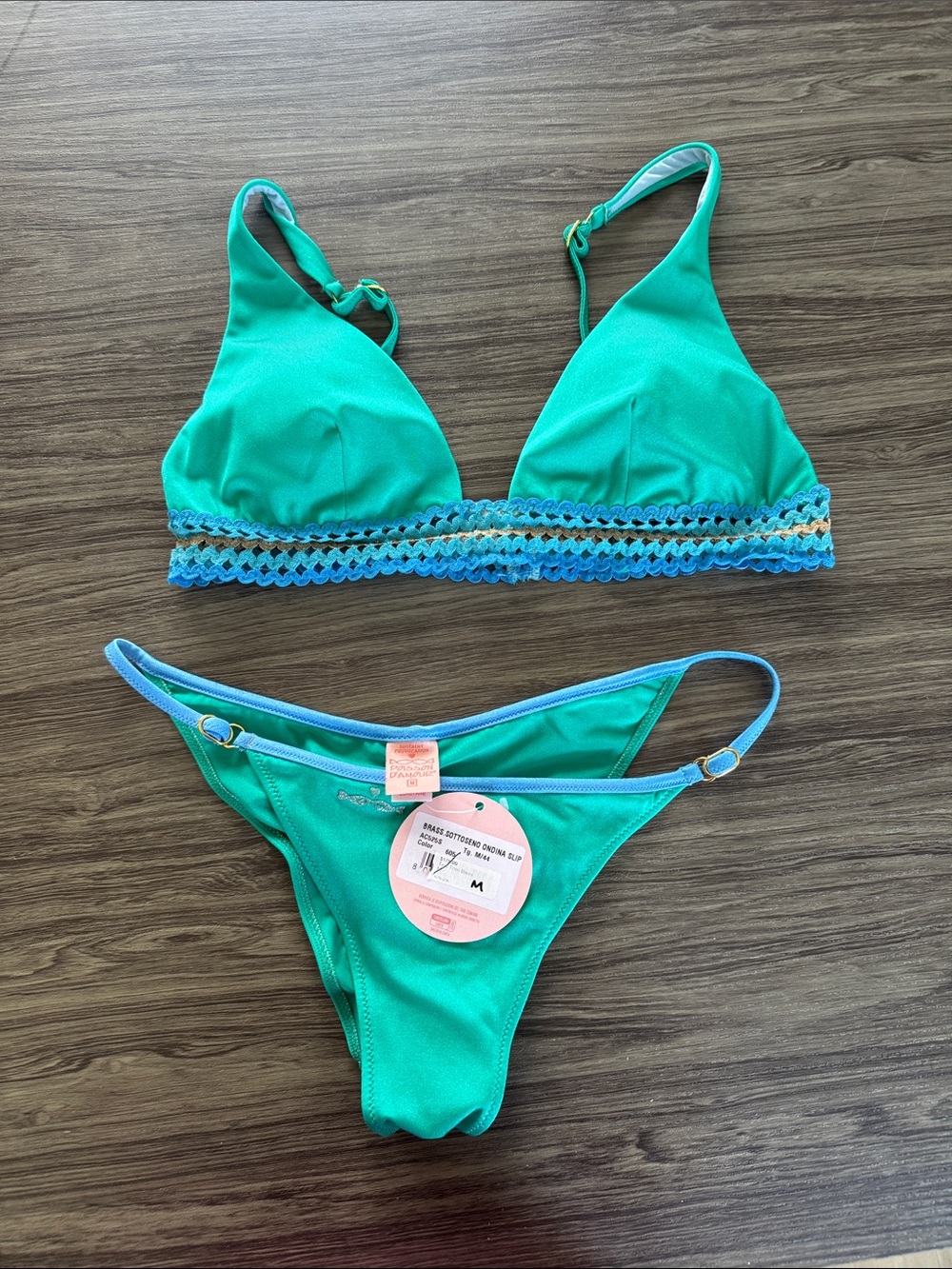Boutique Green Bikini Set with Blue Crochet Trim and Flattering Ruched Bottom